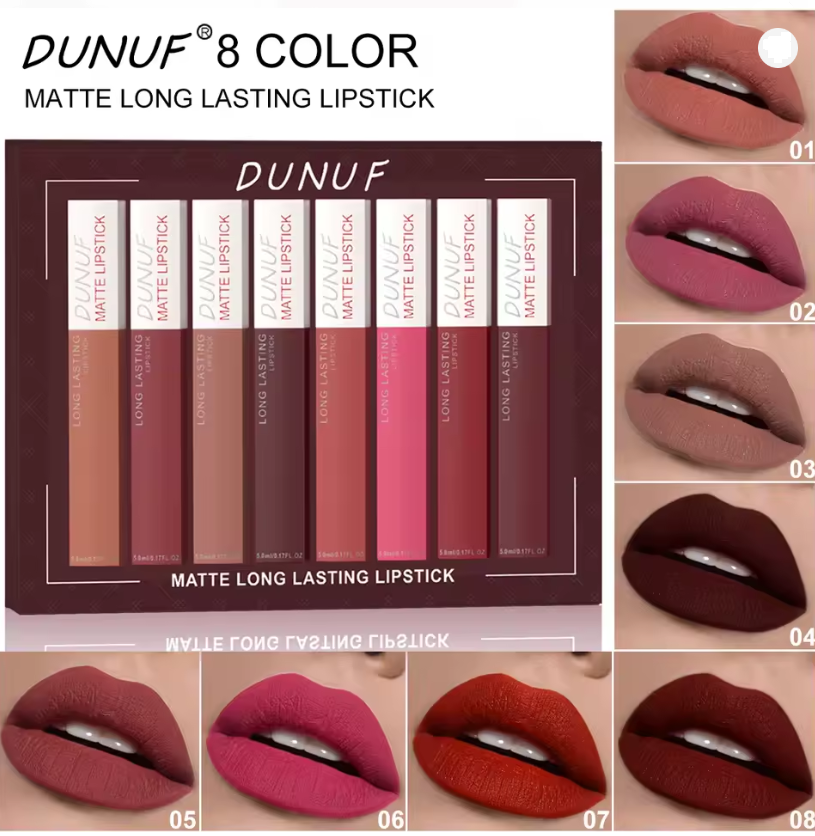 8pc/set Long-Lasting Lip Gloss Matte Waterproof Lipstick Lip Stain Non-transfer Highly Pigmented Nude Red Y2K Daily&Party Makeup