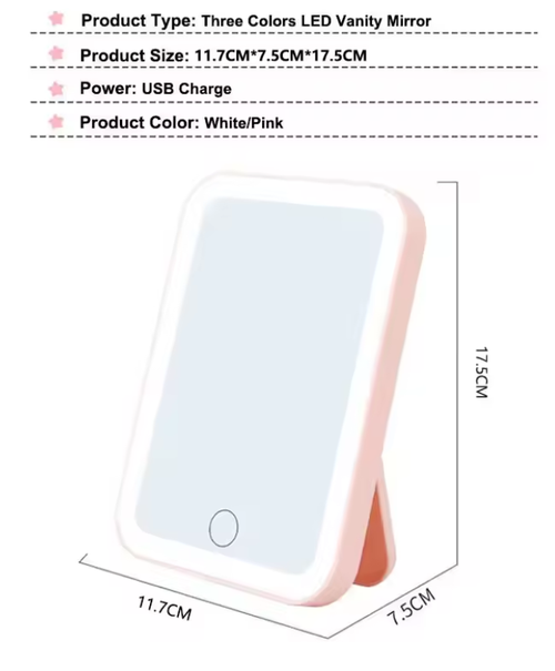 3 Colors LED Vanity Mirror with Touch Screen USB Rechargeable Dimming Makeup Mirror 3 Brightness Portable