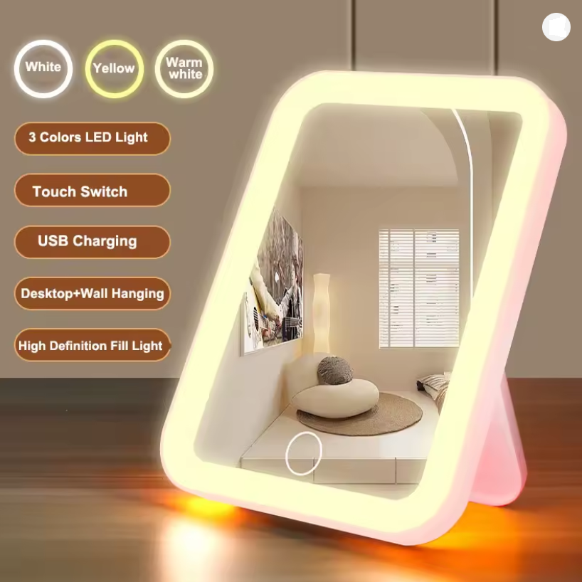 3 Colors LED Vanity Mirror with Touch Screen USB Rechargeable Dimming Makeup Mirror 3 Brightness Portable